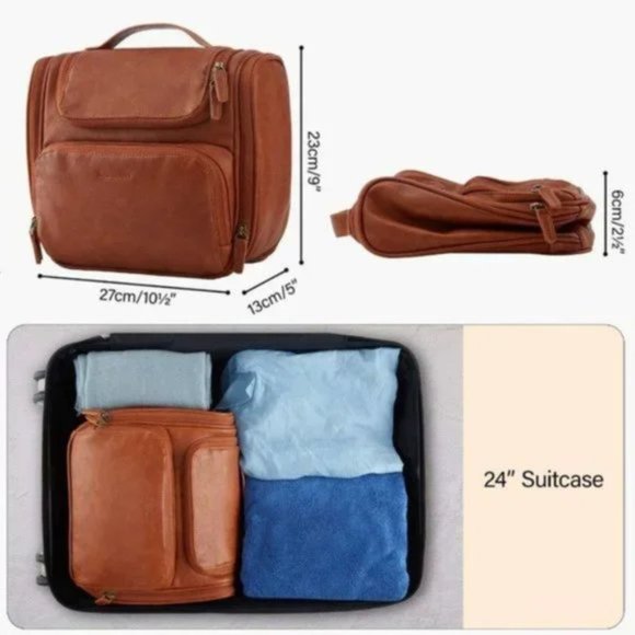 New Toiletry Bag, Travel PU Leather Hanging Hook, Brown - Picture 6 of 8